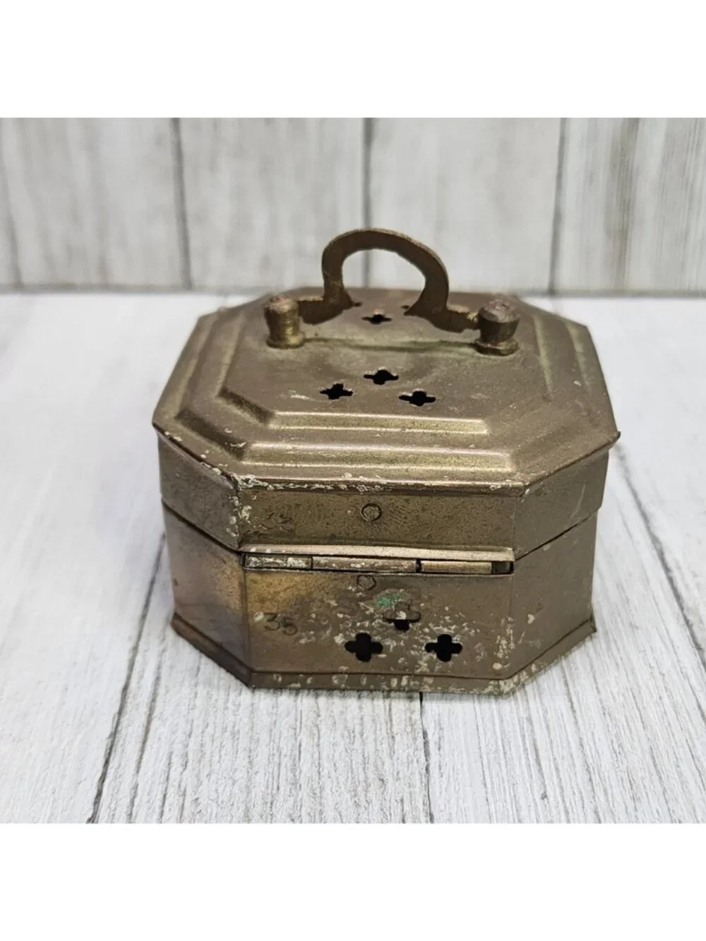 Vintage Pierced Solid Brass Octagon Cricket Trinket Box Potpourri Hinged Lid